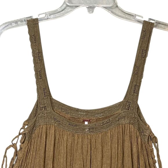 Free People Top Womens Small Green Boho Babydoll Tunic Tank Crinkle Lace Trim - Picture 11 of 13